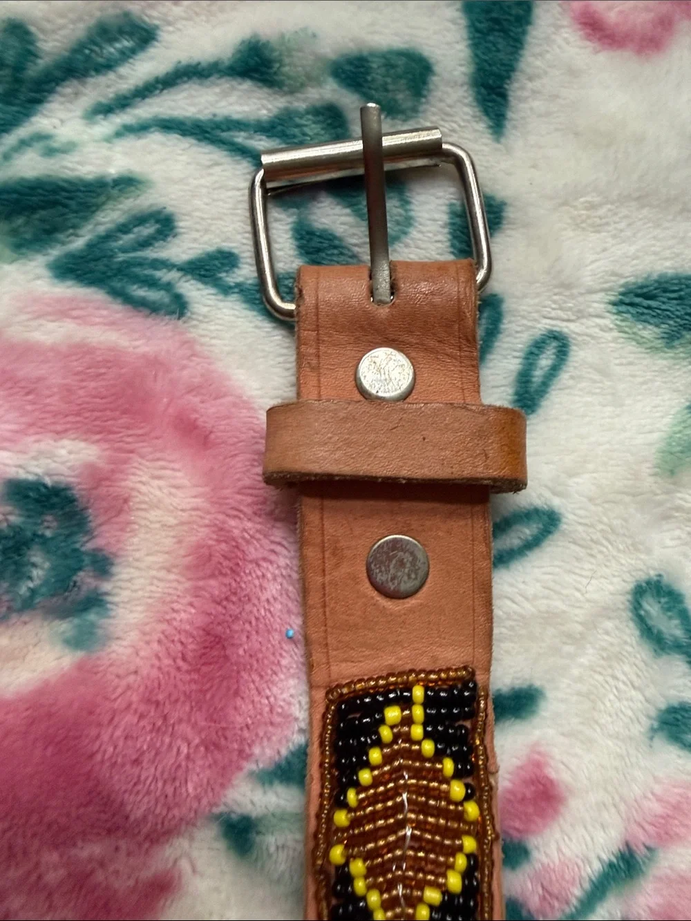 Beaded Brown Leather Women's Belt with Yellow & Green Pattern